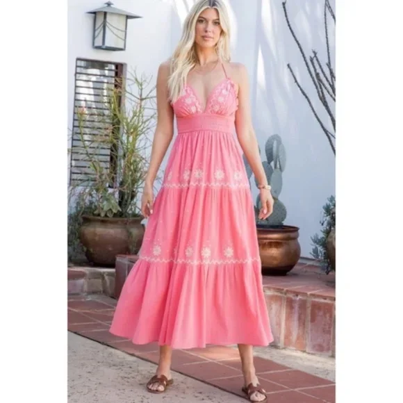 Rose Embroidered Floral Smocked Waist Gauze Summer Casual Halter Maxi Dress - Picture 2 of 5